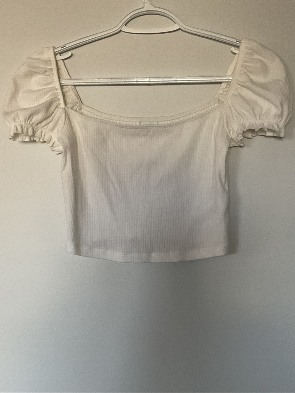 Sunday Best White Ribbed Puff Sleeve Square-Neck Crop Top